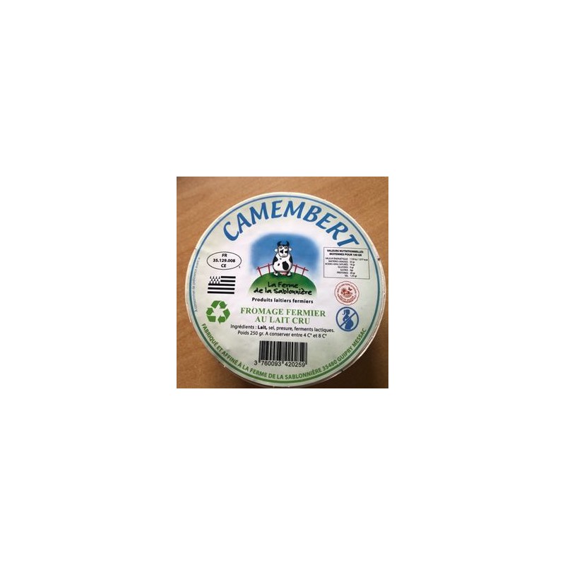 Camembert au lait cru (Guipry)-250 grsProduits fraisFERME DE LA SABLONNIERE